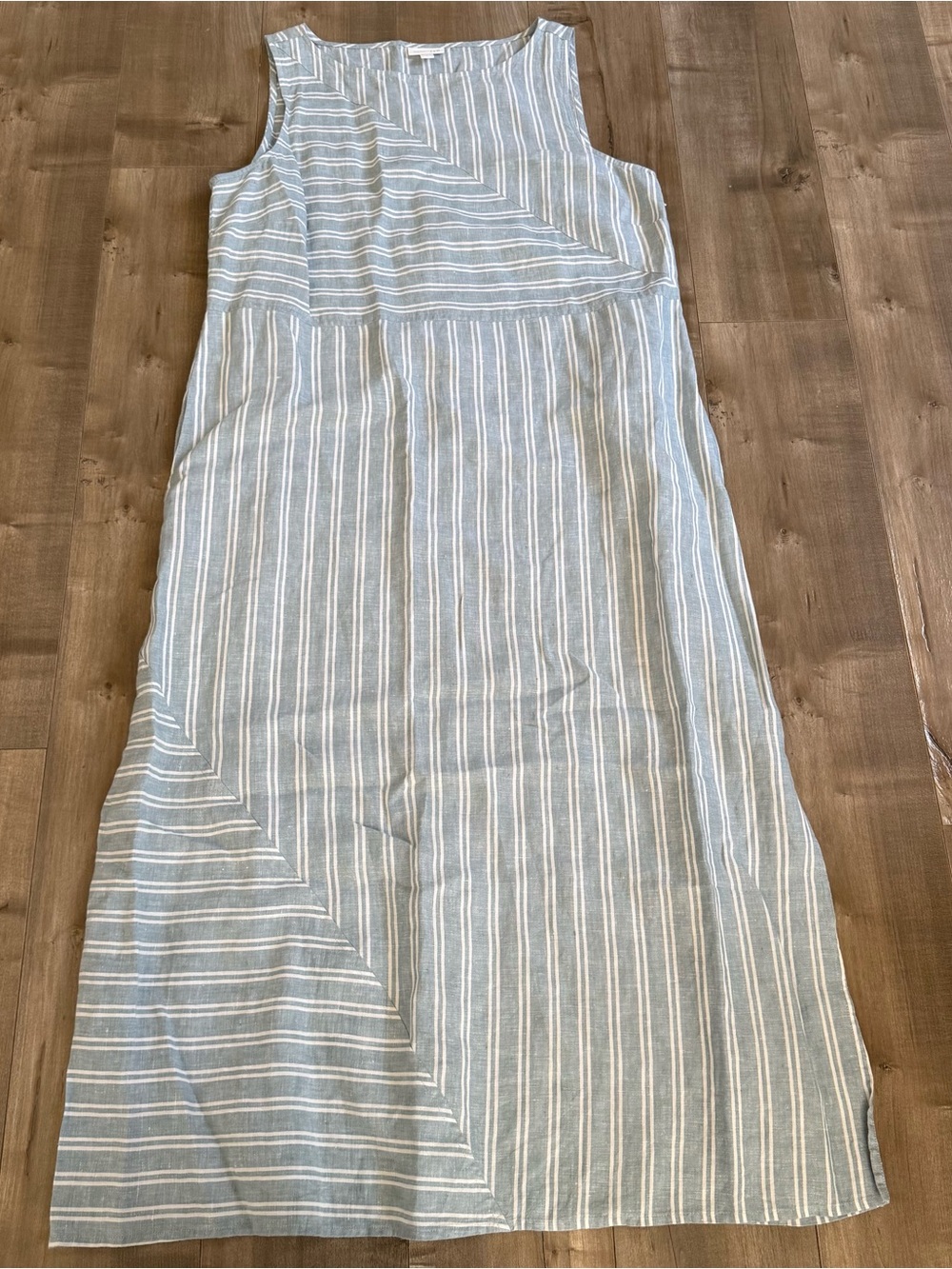 J Jill Love Linen Dress Large Blue White Stripe Sleeveless Midi Maxi Slit Summer
